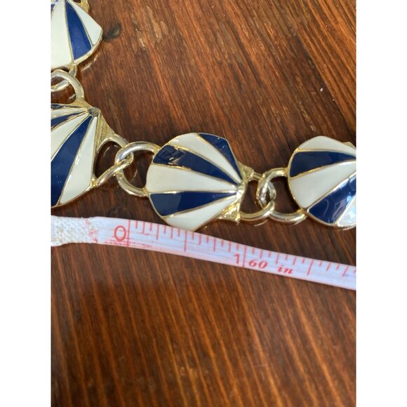 1980s Glass Beads Metal Enamel Necklace Shell Link Bib Circus Tent Blue White - Picture 7 of 9